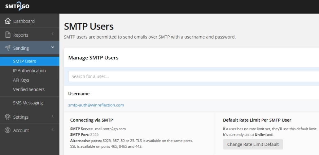SMTP2GO User Settings